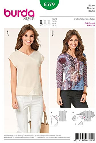 Burda 6579 Schnittmuster Blusen-Shirt V-Ausschnitt mit Patchwork (Damen, Gr. 34-46)