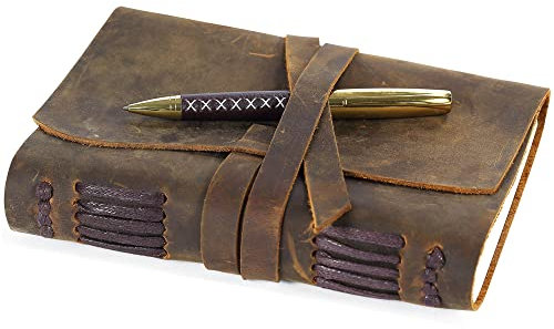 Sovereign-Gear Journal Carnet de notes en cuir, vintage relié en cuir, fait à la main pour lui et pour elle, journal de voyage vintage - Pages Blanches Cahier Carnet de Croquis - avec stylo 18 x 13cm