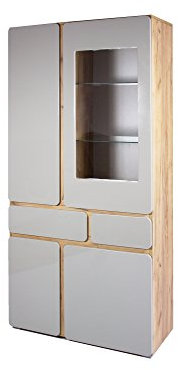 HOMEXPERTS Highboard RIMINI / Vitrine mit Glas-Tür / Korpus Melamin goldene Eichen-Optik, Fronten Hochglanz Grau / Viel Stauraum / Hochschrank / XXL Kommode / 99 x 200 x 42cm (BxHxT)