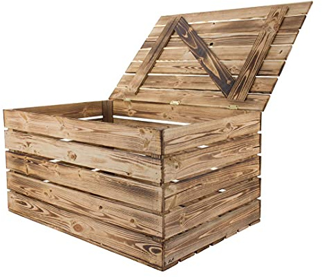 Kontorei große geflammte flambierte Truhe 85cm x 55cm x 46cm 1er Set Holztruhe Wäschetruhe Holzkiste Box Schatzkiste Schatztruhe Aufbewahrungstruhe