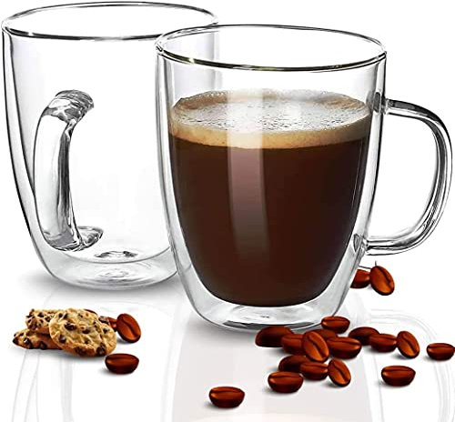 Lot de 2 tasses à café en verre à double paroi avec poignées, tasses à cappuccino à double paroi (350 ml par lot), tasses à café/thé, verres transparents avec anse.