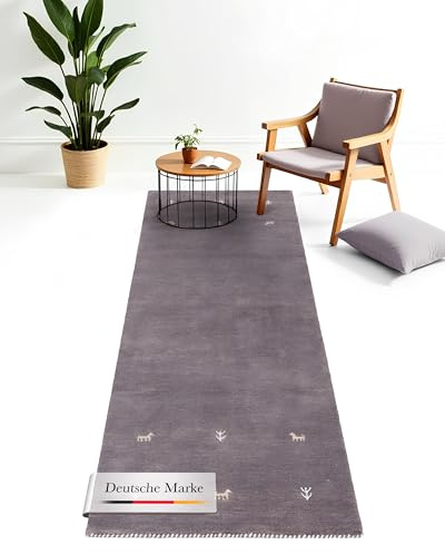 carpetfine Wollteppich Gabbeh Uni Läufer Grau 80x500 cm | Moderner Teppich für Wohn- und Schlafzimmer