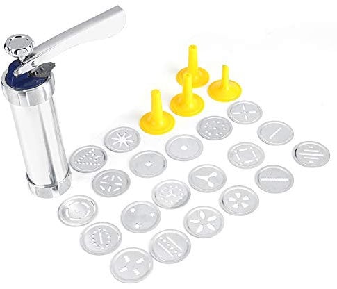 DIY Kekspresse Set, Edelstahl Gebäckpistole mit 20 Formen und 4 Düsen, Fondant Kuchen Dekorationswerkzeug für Küche und Backen