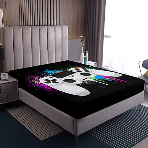 Gaming Spannbettlaken Jugendliche Gamepad Gamer Spannbetttuch 90x200cm Jungen Kinder Weißes Videospiel Bettlaken Gamepad Aquarell-Spritzfarbe Schlafzimmer Dekor Bunte Krawattenfarbe Modern Spiel