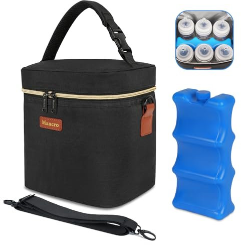Mancro Bolsa Termica Bebe con Paquete de Hielo, Bolsa Termica Porta Alimentos Pequeña se Adapta a 6 Biberones de 9 Onzas, Bolsa Nevera con Correa para el Hombro para Mamá Lactante, Negro