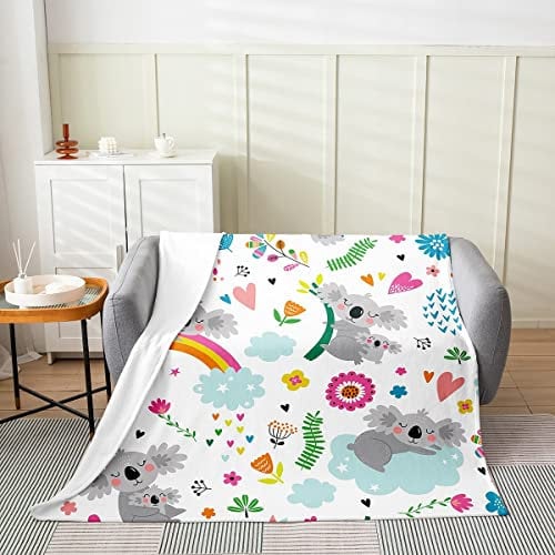 Homewish Koala-Flanelldecke Cartoon-Regenbogen Wolke Sterne Überwurf leichte Kawaii botanische Blume Blätter Fleece-Decke für Kinder Jungen Mädchen Liebesherz Fuzzy-Decke weich, 150 x 200