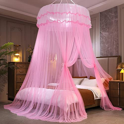 GroßE Romantische Moskitonetz Doppelbett 1.2M Kuppel, Prinzessin Spitze Bett Baldachin Kostenlose Installation Zum Single Zu King Size Betten Schlafzimmer Dekorative,Rosa