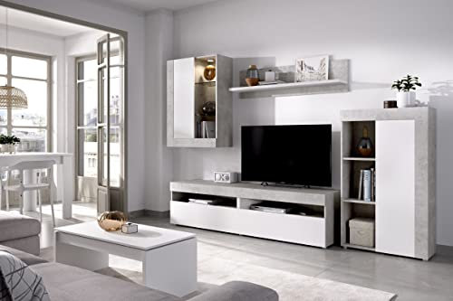 CAESAROO Parete attrezzata porta Tv 254 cm Miranda Bianco opaco e cemento - Cemento/Bianco