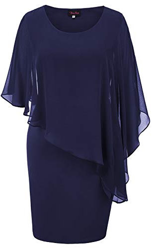 Hanna Nikole Cape Pencil Kleid Damen Große Größen Chiffon Kleider für Hochzeit Marineblau 48