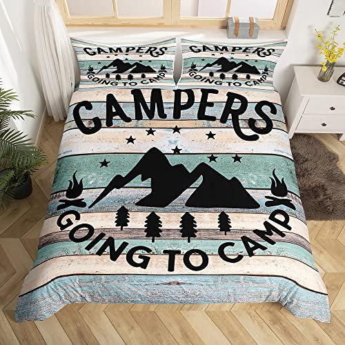 Camper Bettwäsche 155x220 Kinder Fröhliches Campen Bettwäsche Teenager Mädchen Campingwagen Wohnmobil Innendekoration Bettbezug Jahrgang Holztür Zimmerdekoration rustikales Bauernhaus 2St blaugrün