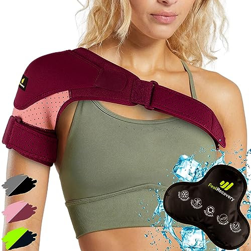 Sport Schulterbandage für Herren & Frauen mit Kühlpads Gel Kälte- Wärmetherapie - Unterstützung der Rotatorenmanschette - Neopren Verstellbare Schulterbandage Linken & Rechten Arm (L/XL, Bordeaux)