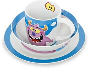 GREENBOX Porzellan Kinder-Geschirrset I Frühstücksset 3-teilig spülmaschinenfest I Tasse-Teller-Schüssel-Set mit Motiv I Geschenkideen für Kinder I lustiges Kindergeschirr mit Monster-Bild