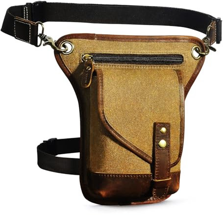 Herren Canvas + Leder Motorrad Reiten Tasche Beinbeutel Beintasche Außenbeintasche Hüfttasche Drop Leg Tasche FB211-6 (211-6 A-Hellbraun)