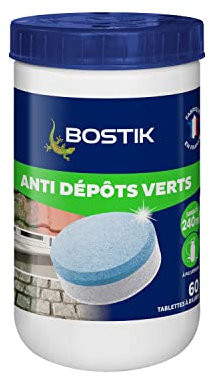 Bostik Anti Dépôts Verts, Traitement pour Eliminer Dépôts verts Mousses Algues et Lichens, Tablettes Ultra Concentrées pour Toits Façades et Sols, Transparent après Dilution, Boite de 60 Tablettes
