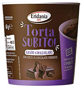 Eridania, Torta Subito Gusto Cioccolato con Gocce di Cioccolato Fondente, Preparato per Torta da Microonde, Senza Glutine, Senza Conservanti, Pronta in soli 2 Minuti, Monoporzione da 60 grammi