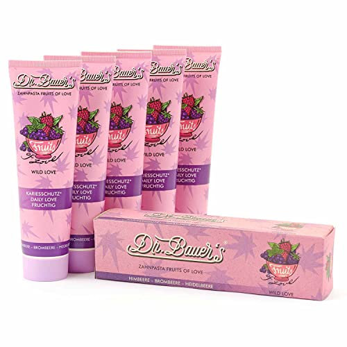 Dr. Bauer's Fruits of Love WILD LOVE Zahnpasta, Zahncreme in nachhaltige 90ml Tube und Verpackung, mit tollen Geschmacksrichtungen, 5er Pack (5x 90ml)