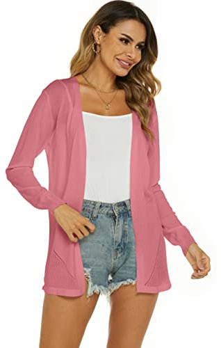Ietaoo Gilet Long Femme Été Cardigan Veste Tricot Léger Manches Longues Gilet Elégant Ouverte Cardigan Rosa M