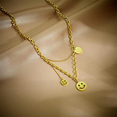 YAHOYA 316L Edelstahl Gold Farbe Smiley Gesicht Glücksanhänger Halskette für Frauen Mode Mädchen Schlüsselbein Ketten Schmuck Geschenk