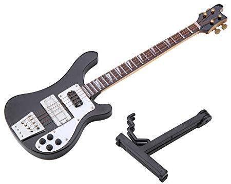 Dekaim Miniatur Gitarren Replik, Miniatur Instrument Ornament,Bass Gitarren Modell Mit Ständer,für Miniatur Puppenhaus Modell Heimdekoration (schwarz)
