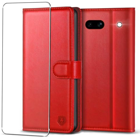 Kuafcase Para Google Pixel 7a Funda Con 1 Protector De Pantalla, 4 Ranuras Para Tarjetas Cierre Magnético Kickstand Funda De Teléfono A Prueba De Golpes Para Google Pixel 7a - Rojo