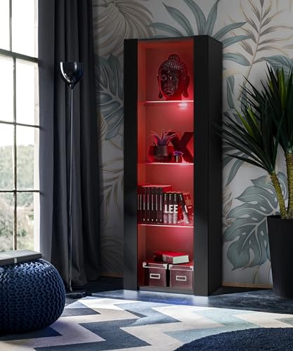 Komodee Vitrine Schrank Tivoli, Schwarz/Schwarz, Breite 55cm x Höhe 159cm x Tiefe 35cm, LED RGB, 3 Regalböden, für Wohnzimmer, Schlafzimmer, Eingang