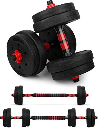 wuuhoo® Kurzhantelset Berti, 2er Set Hantel 30mm, Kurzhantel & Langhantel mit Gewichten 10kg bis 30kg, extra lange Verbindungsstange - Fitnessgerät aus Kunststoff für Zuhause 15kg - rot