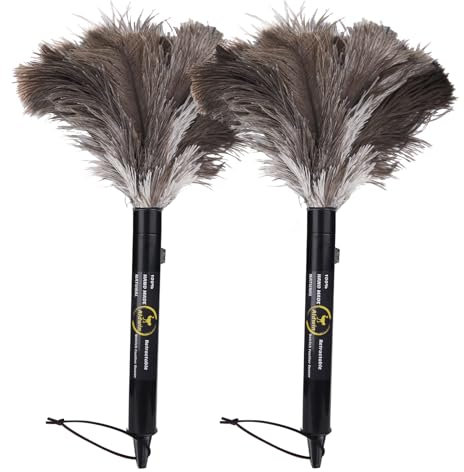 Aldwin Ostrich Feather Duster Retractable 2 Pack,16 inch Genuine Fluffy Natural Handheld Feather Dusters for Cleaning Supplies, Washable,Car, Office, Desk