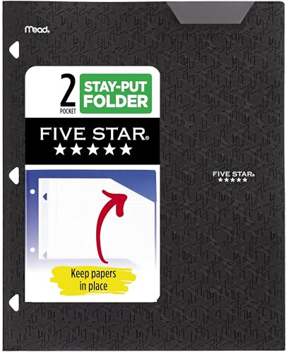 Five Star 2-Pocket Folder, Plastic Folder with Stay-Put Tabs, Fits 3-Ring Binder, Holds 8-1/2 x 11 Paper, Black (333420G-ECM)