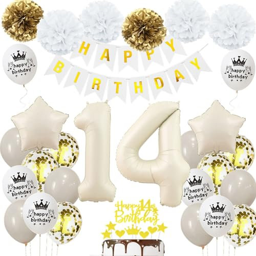 Geburtstagsdeko 14 Beige Gold, Luftballons 14 Geburtstag Mädchen Junge, Deko 14. Geburtstag Luftballons, Beige 14. Dekorationen, Sandweiß 14 Jahre Geburtstagsdeko, Luftballon 14