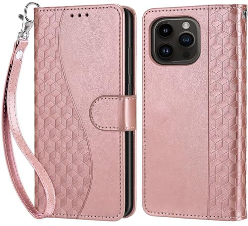 KENHONER Custodia per iPhone 15 Pro Max Cover, Oro rosa | Portafoglio in Pelle PU Retro, Antiurto Flip, Slot per Schede, Funzione Stand, Chiusura Magnetica