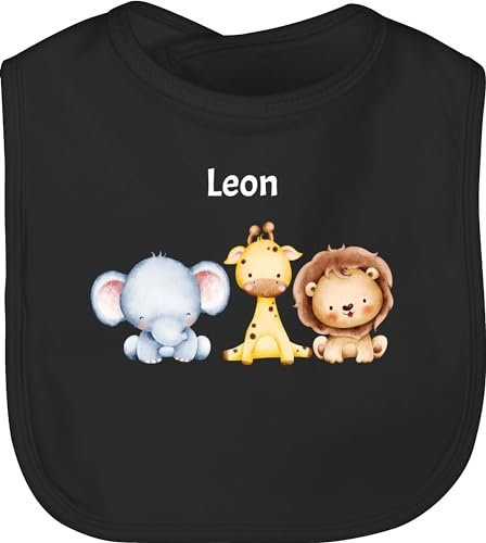 Baby Lätzchen - Tiere - Safaritiere mit Name - Elefant Giraffe Löwe - Unisize - Schwarz - baby-geschenke personalisierte geschenke giraffen latz babysachen tier babylätze babygeschenke tieren