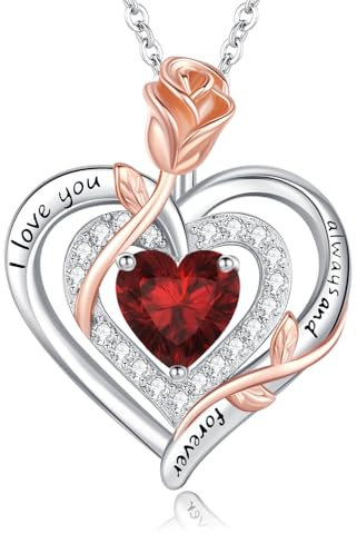 LAVUMO Halskette Damen Silber 925 Doppel Herz Rose Blume Kette Damen Geburtsstein Halsketten Muttertag Geburtstag Valentinstag Weihnachten Schmuck Geschenke Frauen Mama (Silber-Gravur-01-Januar)
