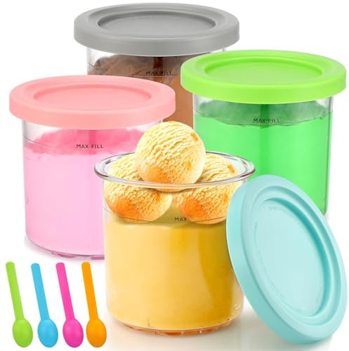 Recipientes de Helado, Pack of 4 Contenedores de Pinta para Ninja Creami, con 4 Bolas y Tapas, Sin BPA Recipiente Casero Apto para Lavavajillas, Dessert Tubs para Ninja Creami Ice Cream Maker