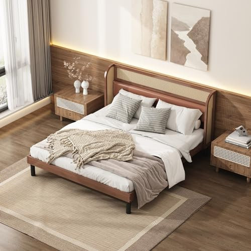 Skcess Modernes Plattform-Doppelbett 160X200Cm, Mit Pu-Polster Und Rattan, Erwachsenenbett Mit Holz Lattenroste, Kiefer, MDF, PVC-Rattan, Pu, Walnuss