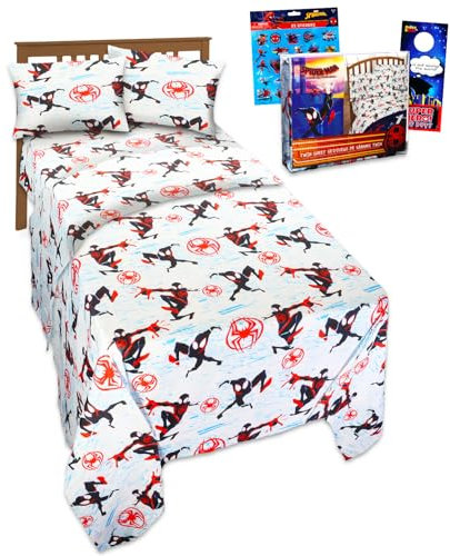 Miles Morales Bettwäsche-Set – Spiderverse-Schlafzimmer-Dekor-Set enthält Miles Morales Kissenbezüge, Bettlaken und Spannbetttuch, Spiderman-Bettwäsche-Set für Doppelbetten
