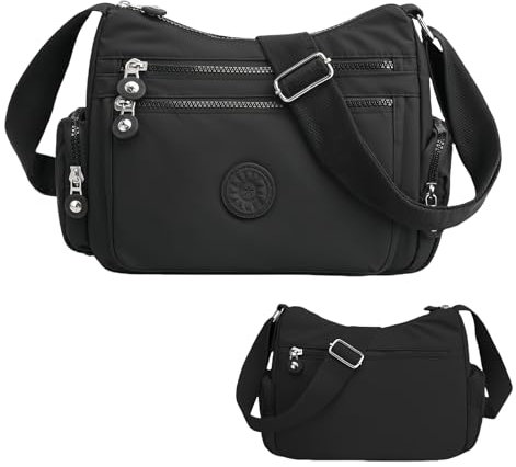 Anseom Damen Umhängetasche mit mehreren Taschen, Leichte Schultertasche Verstellbarer Breitem Freizeit Messenger Bag Waterproof Nylon Shoulder Handbags Kuriertasche Einkaufen Reisen Schule (Schwarz)