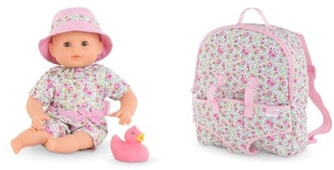 Corolle - Mon Premier Poupon, Bébé Bain Coralie, avec Jouet de Bain, 30cm, dès 18 Mois, 9000100600 & Sac à Dos, Porte-Poupon Fleuri, Accessoire, pour Poupon 30cm, dès 3 Ans, 9000110800