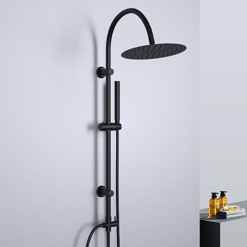 Görbach Regendusche Duschsystem ohne Armatur, Edelstahl Duschset mit Rund Kopfbrause XL D25cm, Vintage U-förmige Duschstange Schwarz