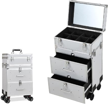 JUNYFFF 4 in 1 Makeup Trolley Aluminium Makeup Vanity Case with Detachable Makeup Box And 2 Sliding Drawers,Professional Beauty Hairdressing Makeup Trolley on Wheels with Key Lock High-Capacity,Silver