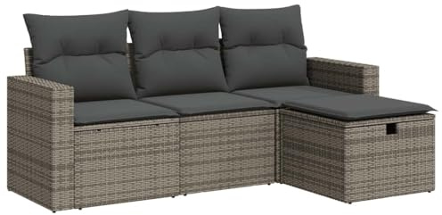 vidaXL 4-TLG. Garten-Sofagarnitur mit Kissen Grau Poly Rattan