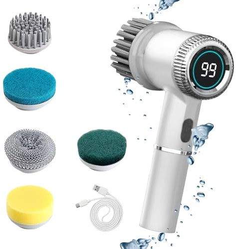 Brosse de nettoyage électrique sans fil avec 5 têtes remplaçables pour carrelage, baignoire, cuisine, sol, salle de bain