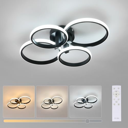 Plafoniera LED Soffitto Dimmerabile, 76W Lampadario LED con Telecomando Nera, Lampada da Soffitto Moderna, Plafoniere 4 Rotonda per Soggiorno Camera da Letto Ufficio, 3000K-6500K