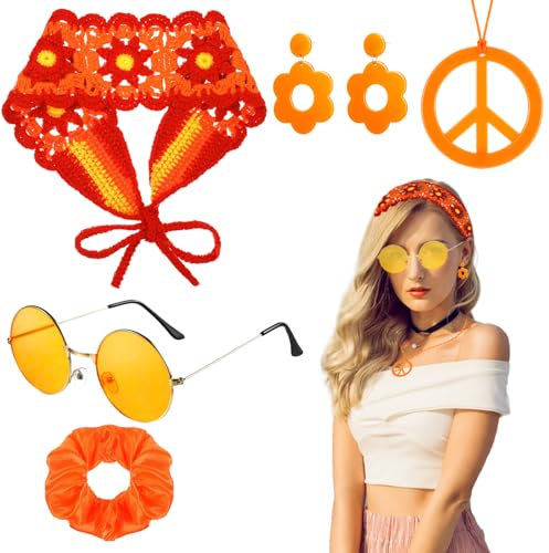 5 Pièces Ensemble d'accessoires Hippie, Vintage Set Accessoire de Costume Flower Power avec Bandeau Tricot Lunettes Collier La Paix Serre-tête pour Femme Carnaval Soirées Thème Années 60,70,80