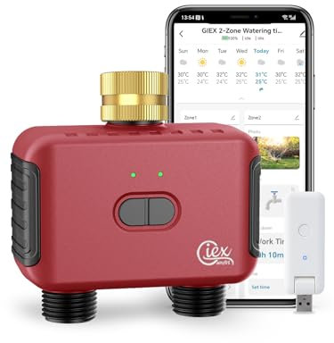 GIEX WiFi GX-03 - Irrigatore a 2 zone con timer intelligente, per irrigazione da giardino, funziona con app Tuya e app Smart Life (WiFi)