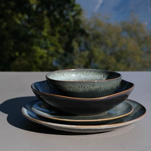 Steingut Geschirrset 12 Pers. Krumme Lanke24-tlg Hochwertiges handgefertigtes Steingut Geschirr Set - Schüssel- und Teller Set - Tafelservice 12 Personen in Petrol - Izanami Tableware