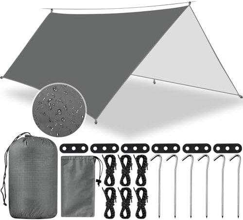AMCHLEL Toldo de Refugio Camping 3x3M, Tienda de Campaña Tarp Impermeable con 6 Cuerdas + 6 Clavos de Tierra + 2 Bolsa de Guarda, Lona Toldo Camping para Vivac, Picnic, Playa, Hamaca, Furgoneta