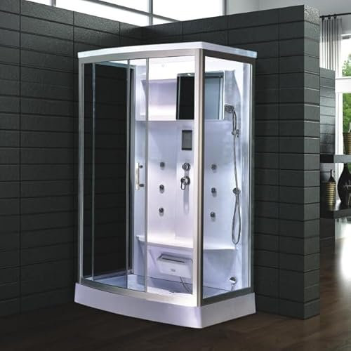 Denver Douche à vapeur 120 x 90 cm avec 6 buses de massage, douche pluviale, ciel étoilé, siège intégré et générateur de vapeur de 3 kW – Cabine de douche de luxe avec radio, désinfection à l'ozone et
