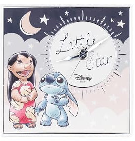 VALENTI & CO. - Disney Lilo und Stitch - Tisch- oder Hängeuhr aus Holz mit silbernen Details - Geschenkidee für Neugeborene oder Taufe - Wanduhr für Kinderzimmer
