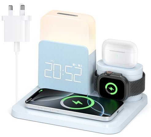 COLSUR 6 in 1 Wireless Charging Station, MagSafe 18W Wireless Charger with Alarm Clock, Night Light, Wireless Charger Stand for iPhone 16 15 14 13 12 11 X Pro Max, Apple Watch, AirPods