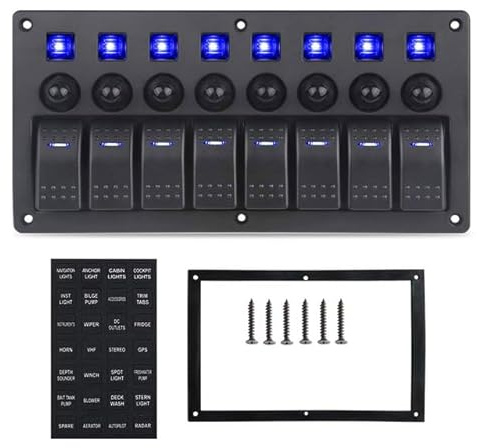 Avutrel 8 Gang Marine Schalter Panel 12/24V, Toggle Rocker Switch Panel Wasserdichte Kippschalter-Panel mit Blauem LED für Elektrische Steuerung für Auto Boot RV UTV Truck